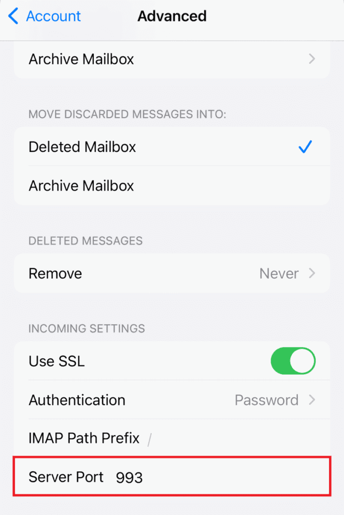 Il menu Avanzate nella pagina delle impostazioni di Mail evidenzia la porta del server