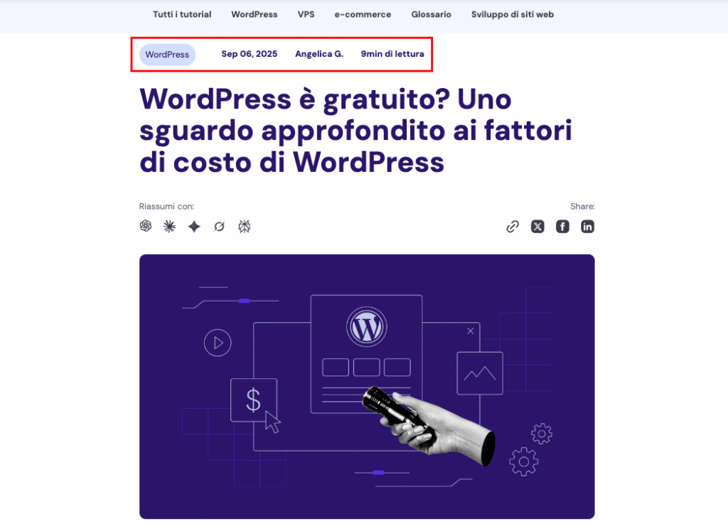 Screenshot di un articolo di Hostinger Tutorials che evidenzia i metadati del post