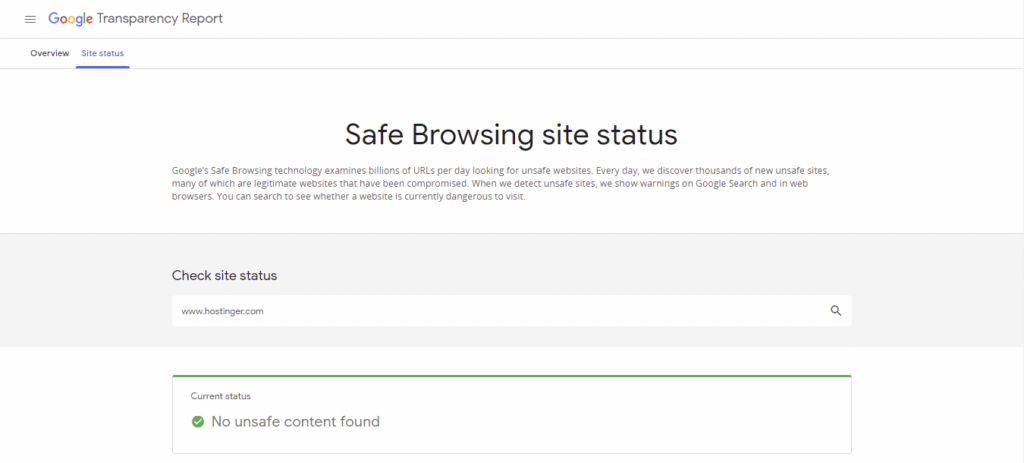 Rapporto sulla trasparenza di Google che mostra che lo stato attuale è "Nessun contenuto non sicuro trovato"