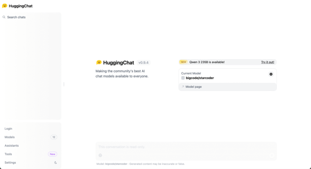 Interfaccia di HuggingChat di StarCoder