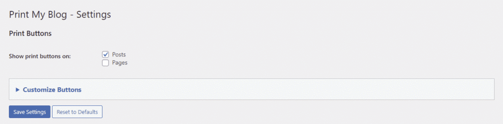 Configurazione del plugin Print My Blog al momento dell'installazione