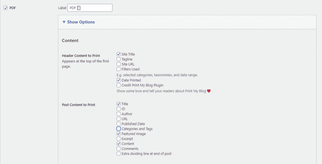 Personalizzazione delle impostazioni del plugin Print My Blog per stampare il contenuto desiderato