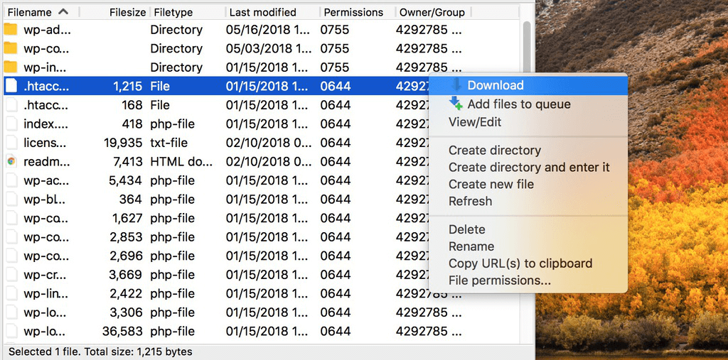 Download del file .htaccess di Filezilla