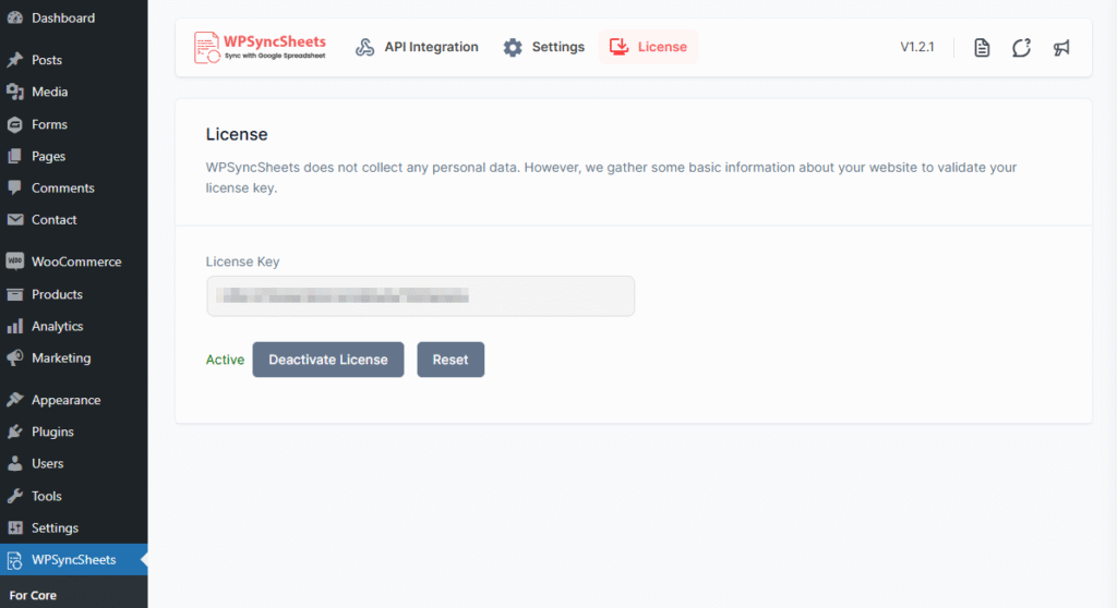 Impostazioni della licenza di WPSyncSheets