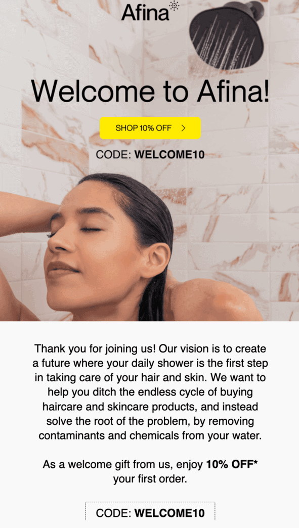 Email di benvenuto di Afina che saluta il nuovo abbonato e offre un codice sconto