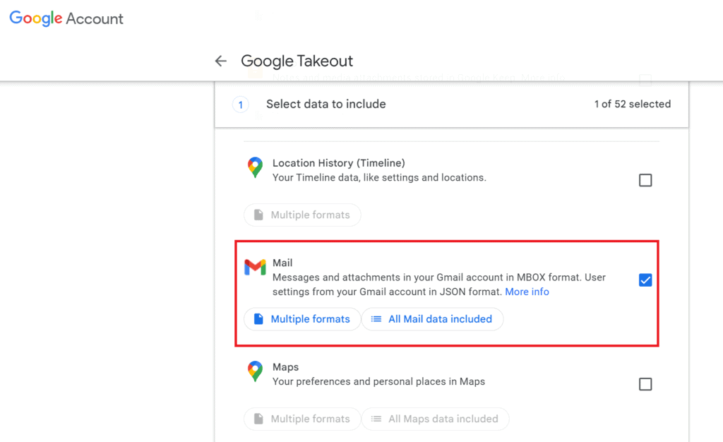 Selezionare Posta su Google Takeout