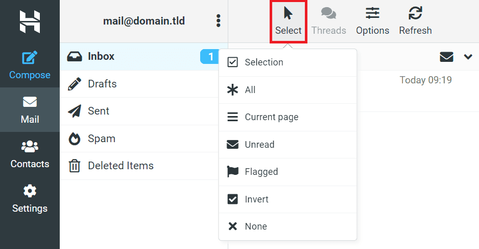 Selezione delle email su Hostinger Webmail