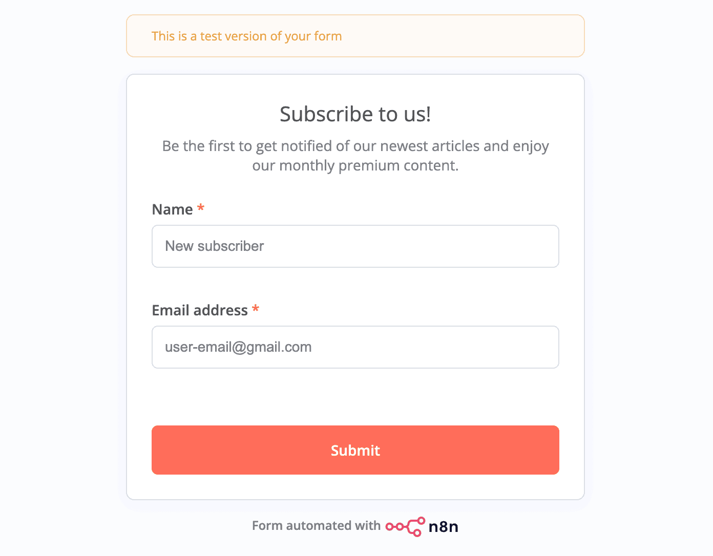 Pagina di invio del modulo trigger di n8n