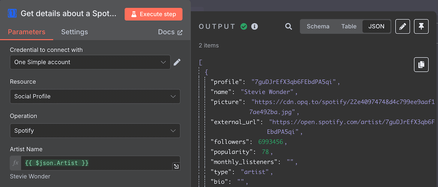Esempio di output di OneSimpleAPI in cui recupera i dati utilizzando l'API di Spotify