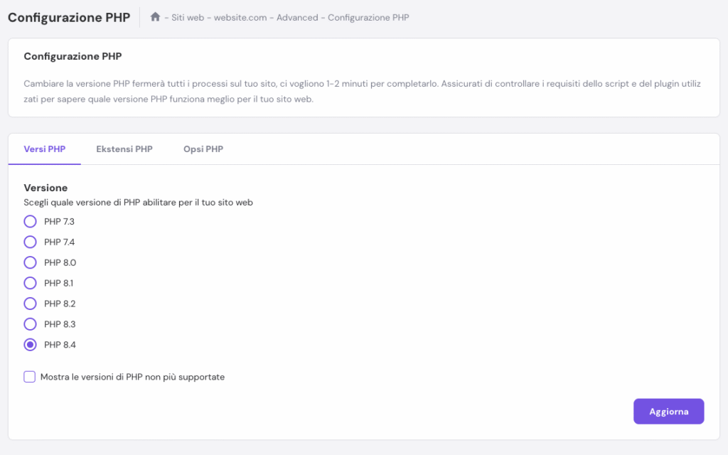 Impostazione phpConfiguration per phpVersion dell'hPanel