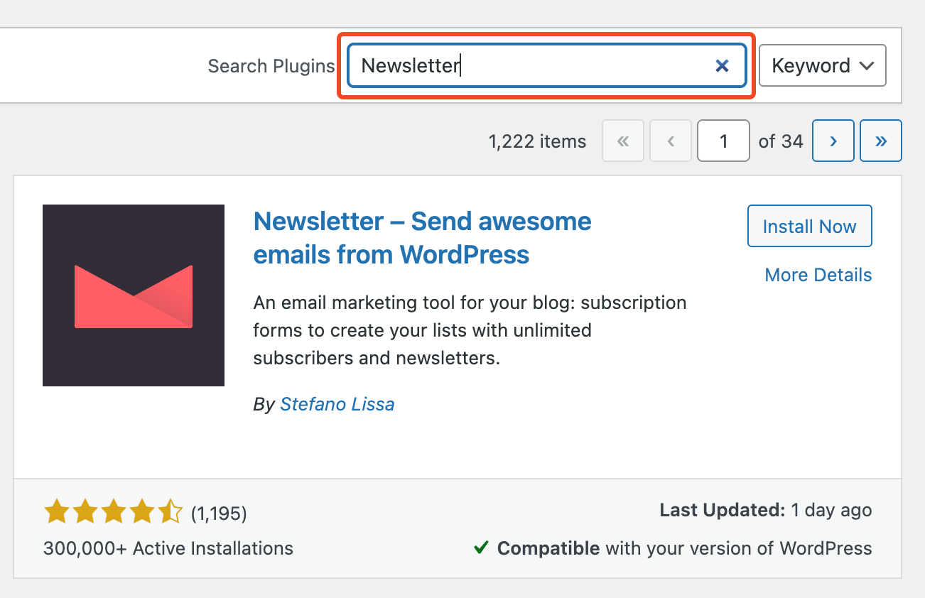 Barra di ricerca dei plugin su WP