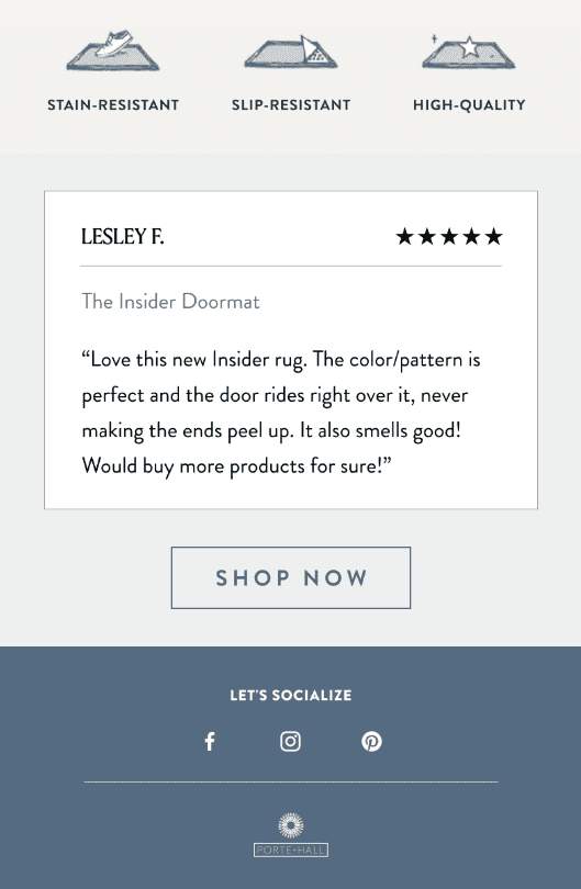 Campagna email di Porte + Hall che mostra una recensione del cliente e le icone dei social