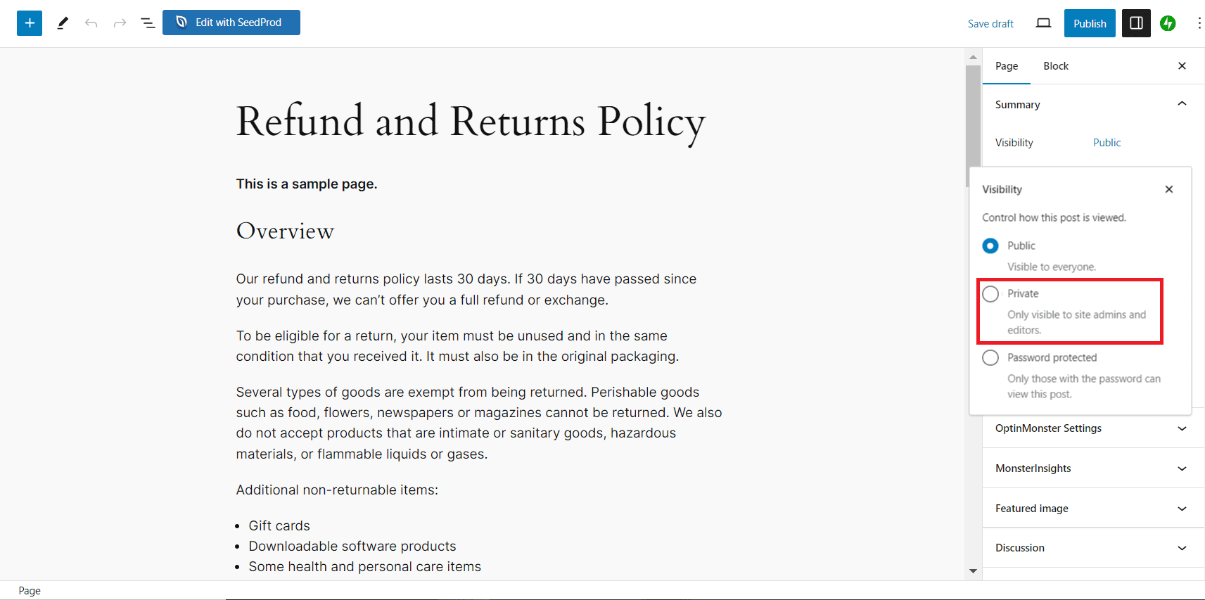L'opzione della visibilità Privata nell'editor a blocchi di WordPress evidenziata.