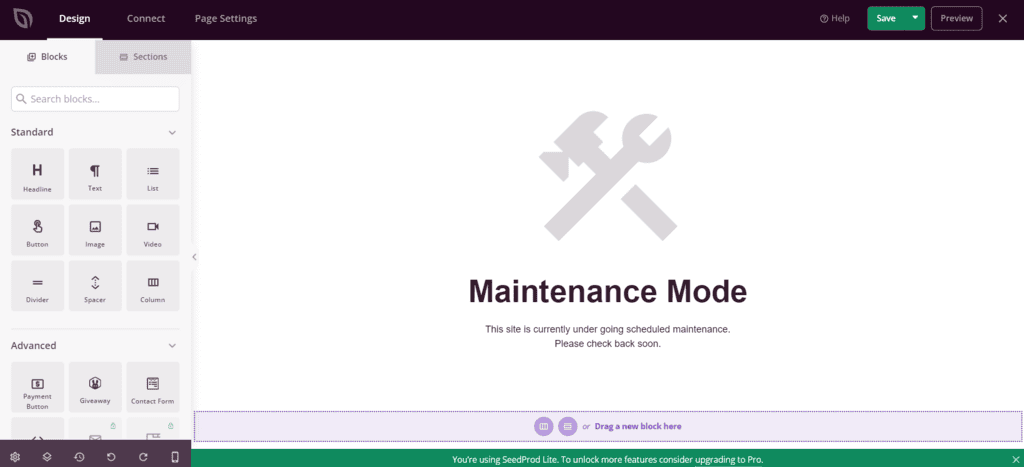 L'interfaccia dell'editor drag and drop della pagina di manutenzione sul plugin SeedProd.