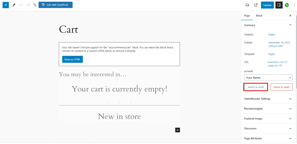 Il pulsante Passa alla bozza nel pannello delle impostazioni dell'editor a blocchi di WordPress evidenziato.