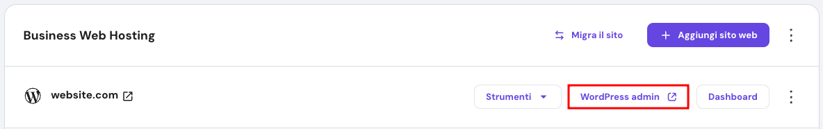 Il pulsante WP Admin nell'hPanel