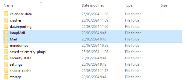 Accesso alla cartella ImapMail e Mail all'interno della cartella del profilo di Thunderbird