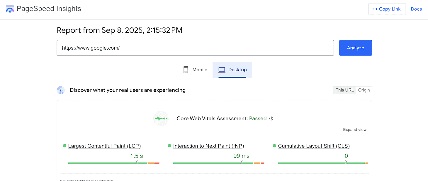 Un risultato dell'analisi di PageSpeed Insights