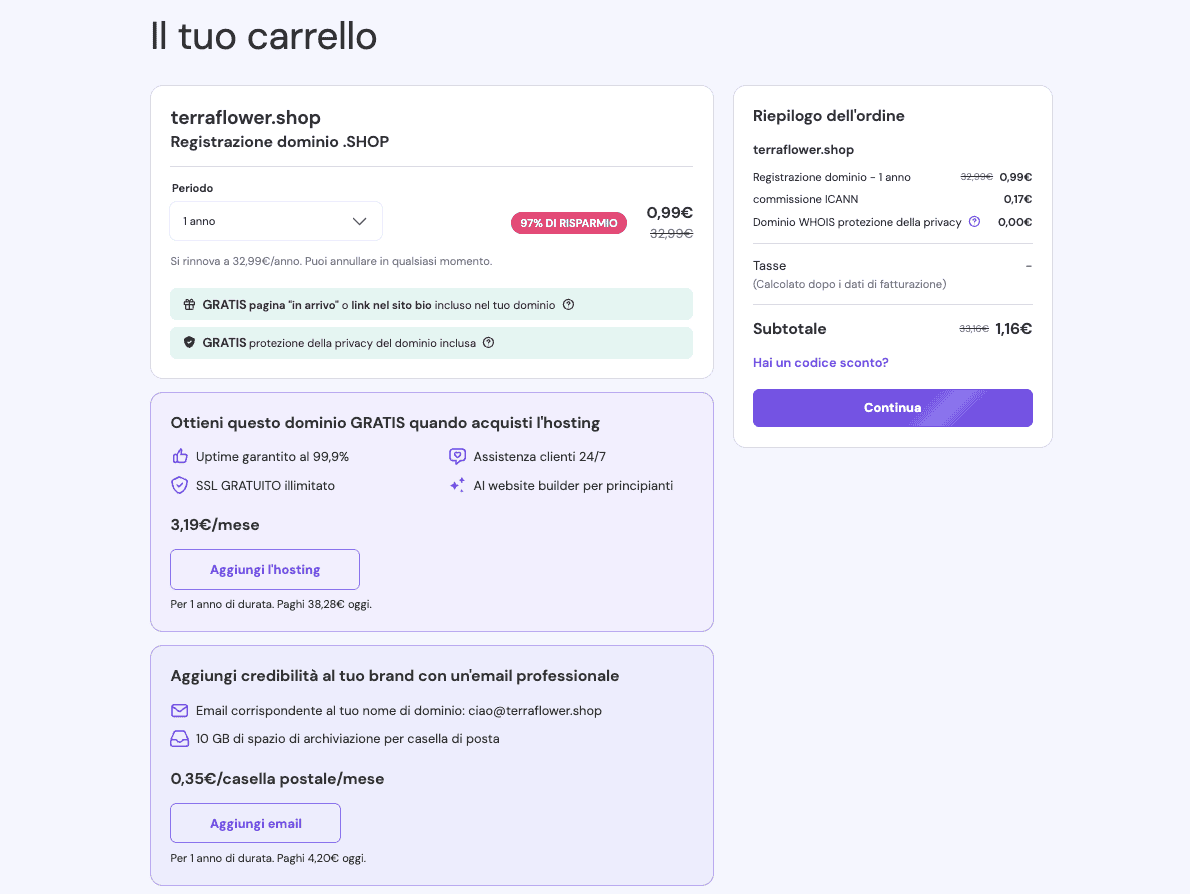 Pagina del carrello di Hostinger