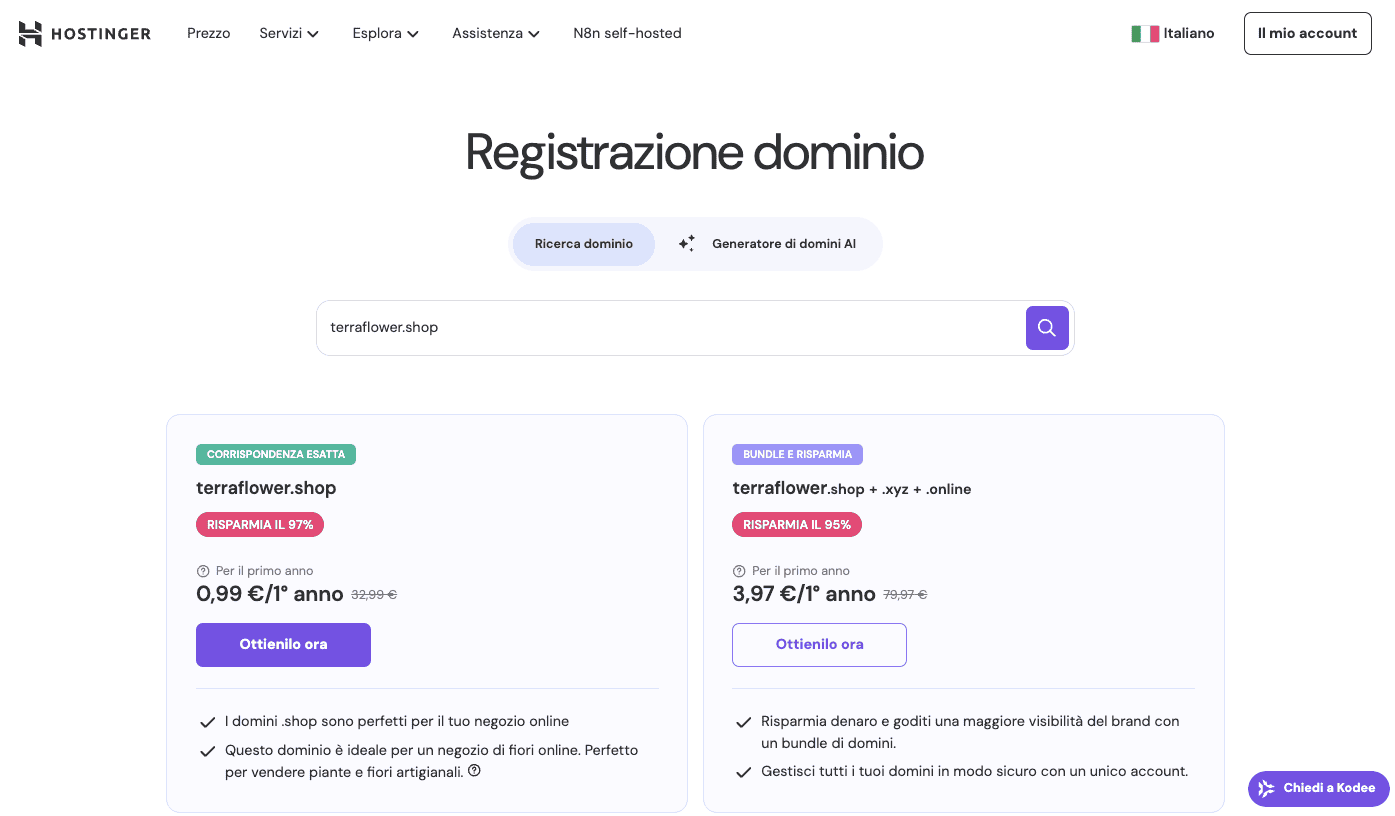 Il generatore di domini di Hostinger che mostra un risultato di ricerca