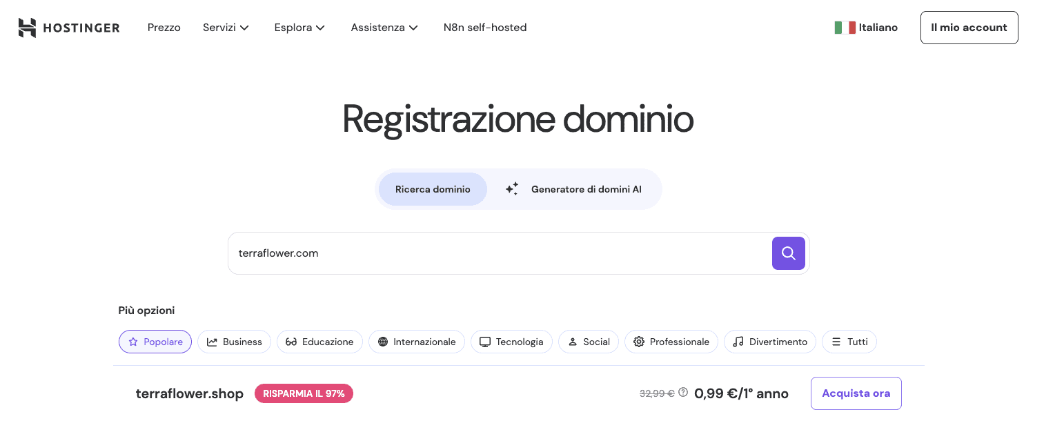 La ricerca di nomi di dominio di Hostinger, che mostra alternative per un dominio già preso
