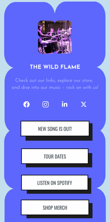 Esempio di landing page per una band musicale utilizzata per un link in bio