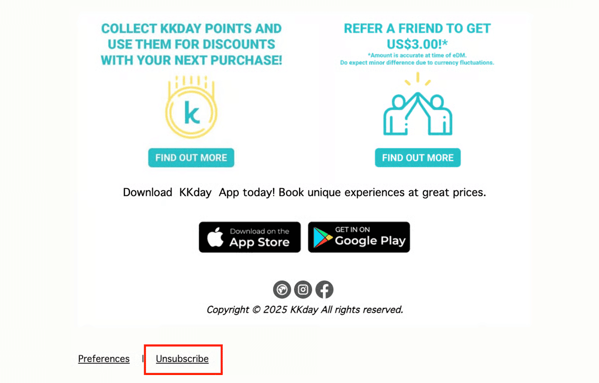 Il pulsante Disiscriviti dalla newsletter di KKday