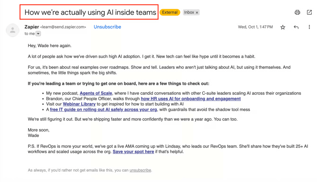 L'oggetto della newsletter via email di Zapier