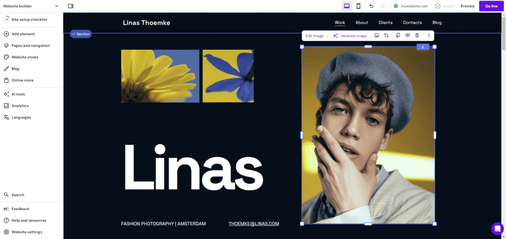 Il costruttore di siti web di Hostinger in azione
