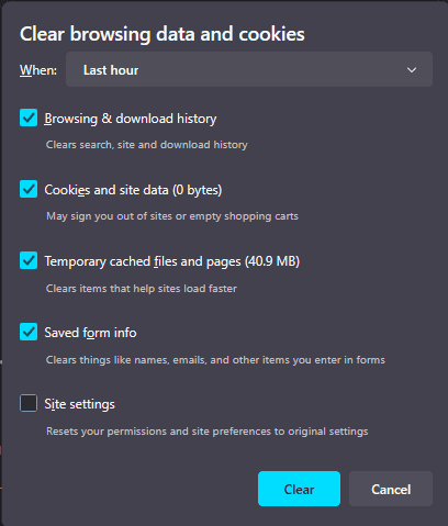 Pagina di cancellazione della cache e dei dati di navigazione di Firefox