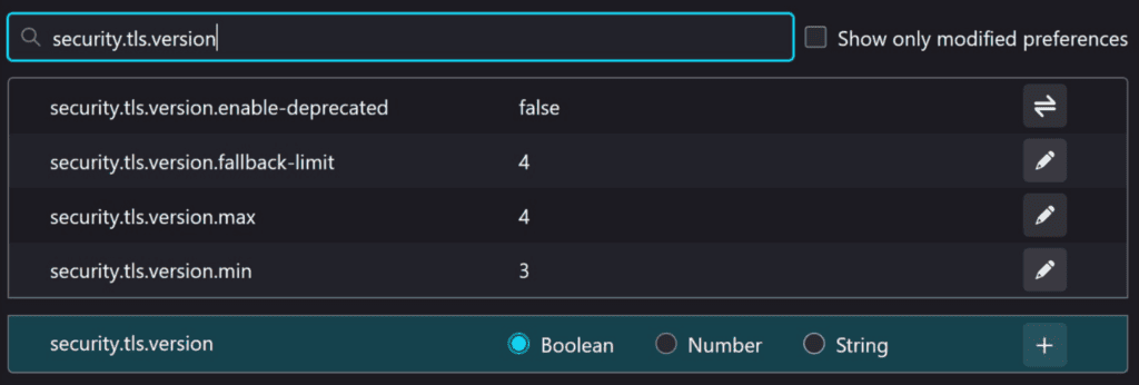 Impostazioni TLS per sviluppatori di Firefox
