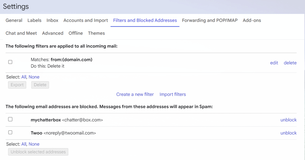 Impostazioni di Gmail, che mostrano i filtri e gli indirizzi bloccati