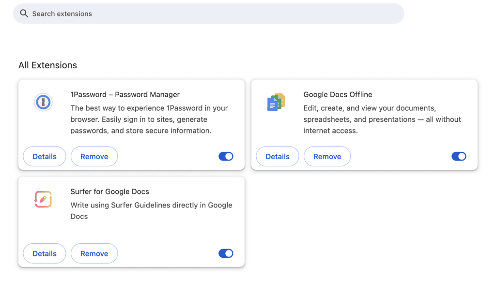 Menu Tutte le estensioni di Google Chrome