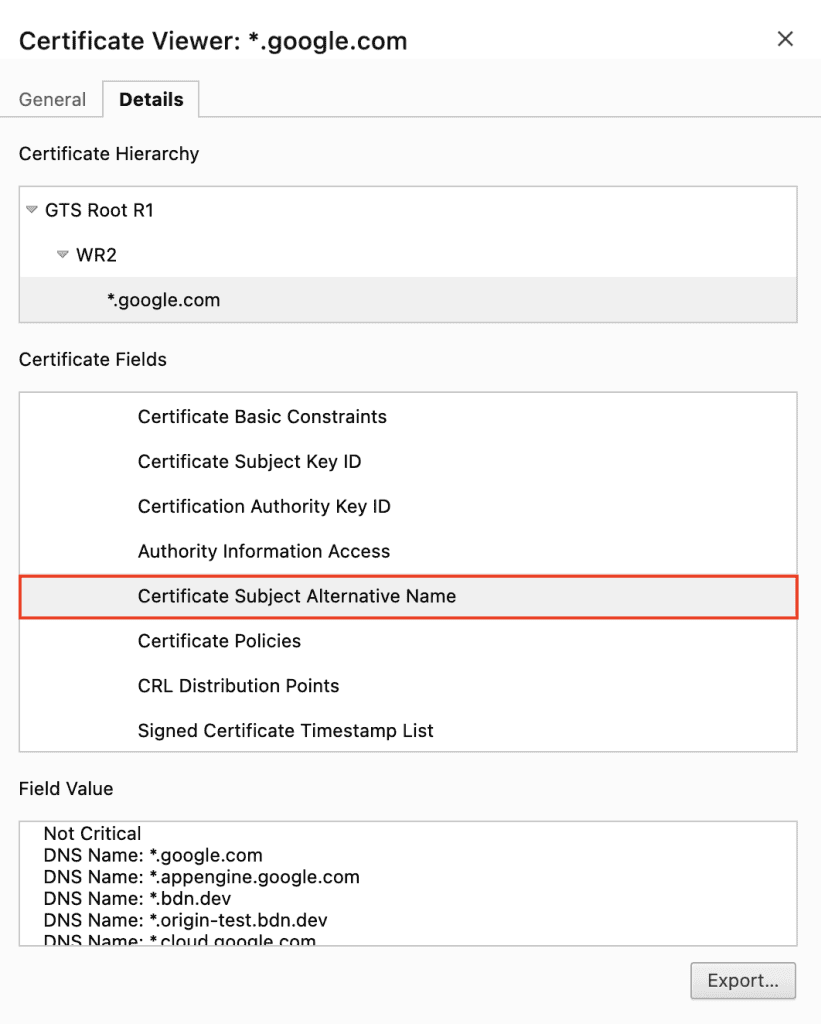 Il campo Nome alternativo del soggetto del certificato nella finestra Visualizzatore certificati di Google Chrome