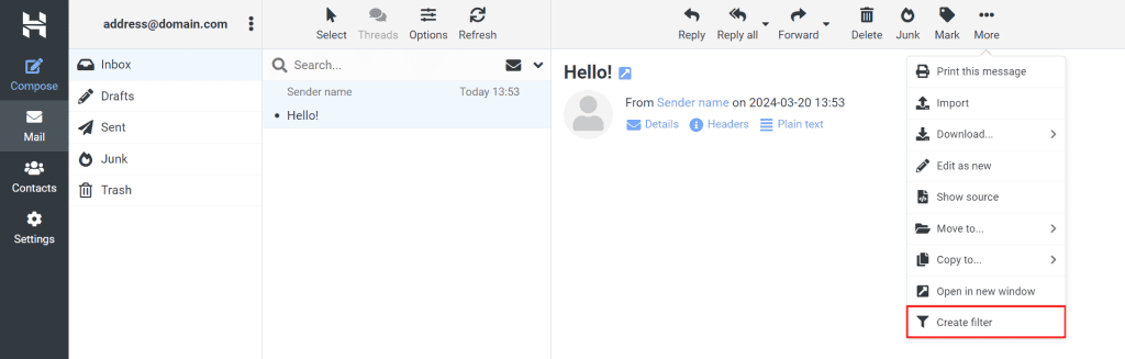 Hostinger webmail, evidenziando l'opzione per creare un filtro
