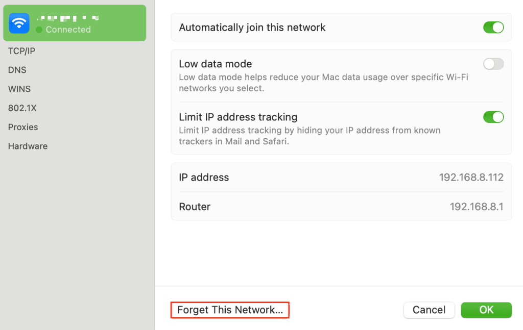 Il menu Dimentica questa rete di macOS è stato evidenziato