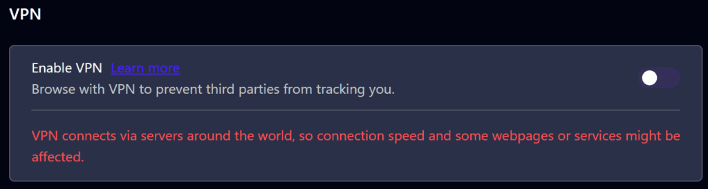 Menu di configurazione di Opera VPN