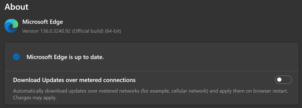 Il menu di aggiornamento di Microsoft Edge