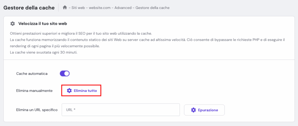 Il pulsante Elimina tutto nella pagina Gestore della cache di hPanel
