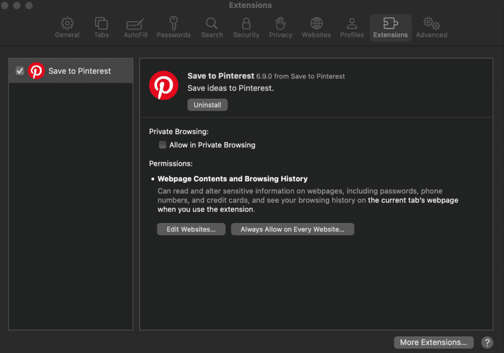 Menu di gestione delle estensioni di Safari