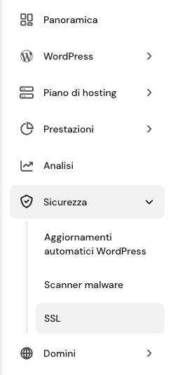 Il menu SSL in hPanel