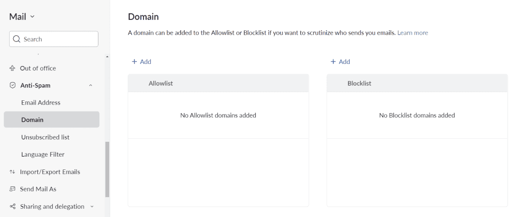Elenco dei domini bloccati in Zoho Mail