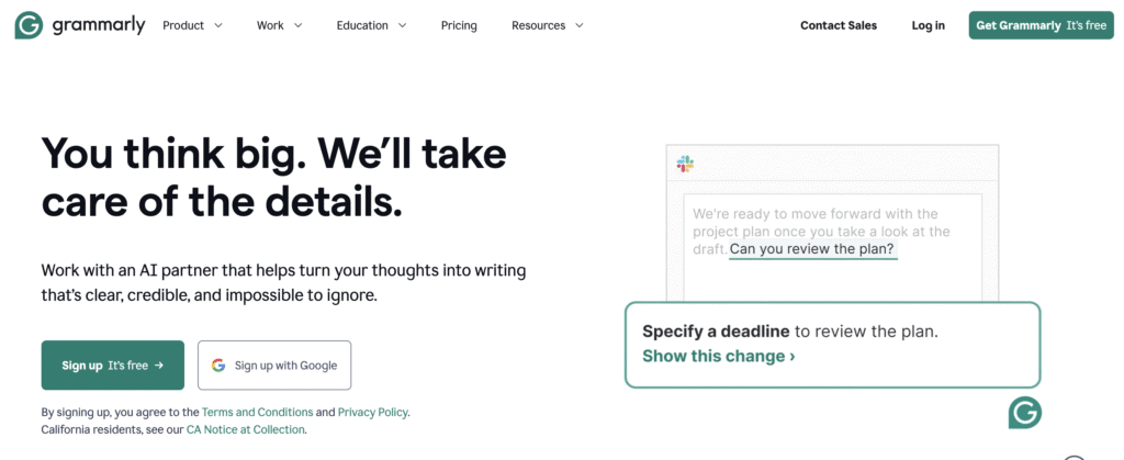 Homepage di Grammarly