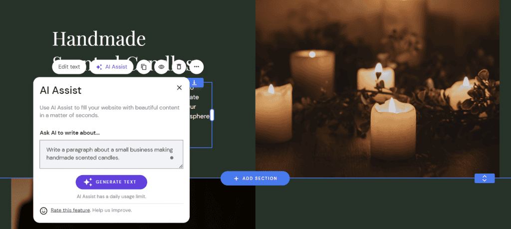 Utilizzo di AI Writer per creare automaticamente un testo descrittivo su un sito web.