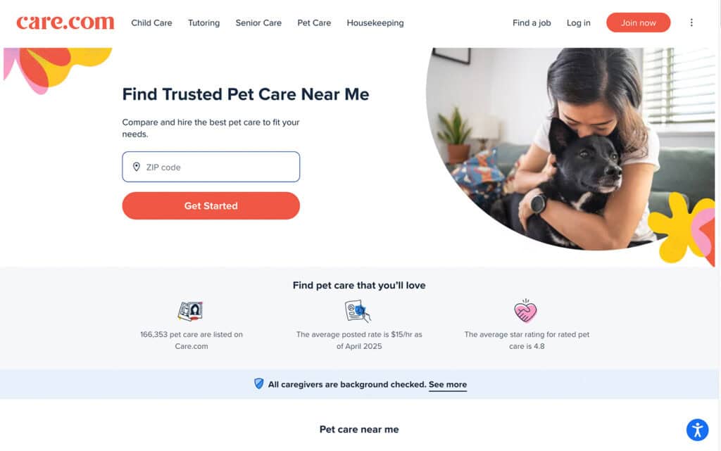 Homepage di Care.com con una barra di ricerca per trovare servizi di pet care vicino a te