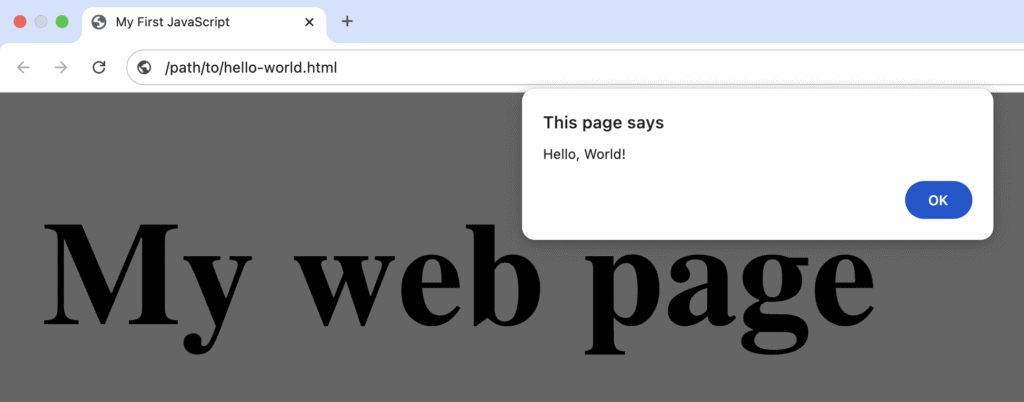 Il browser Chrome mostra un popup di alert JavaScript con il messaggio 