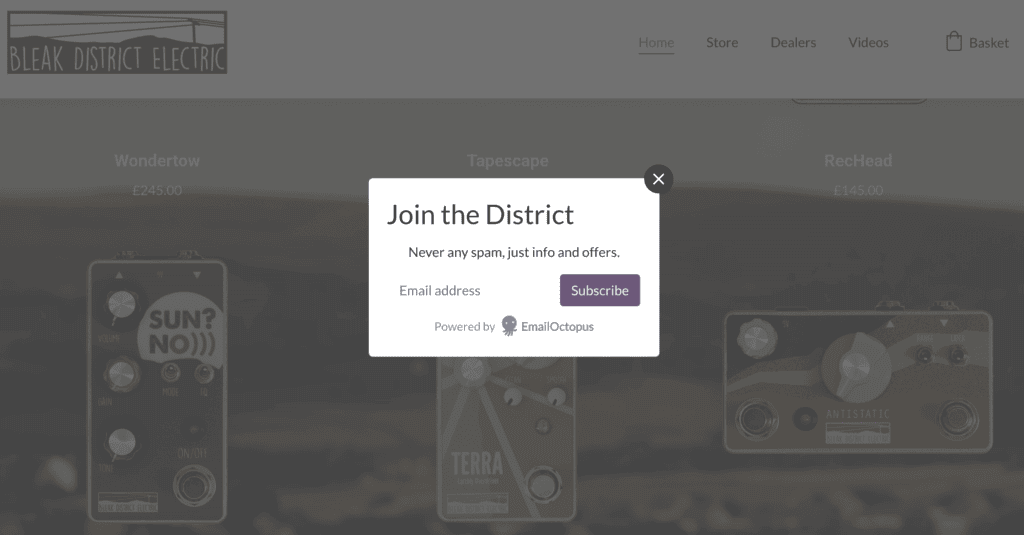 Pannello popup per la lista email sulla homepage di Bleak District Electric