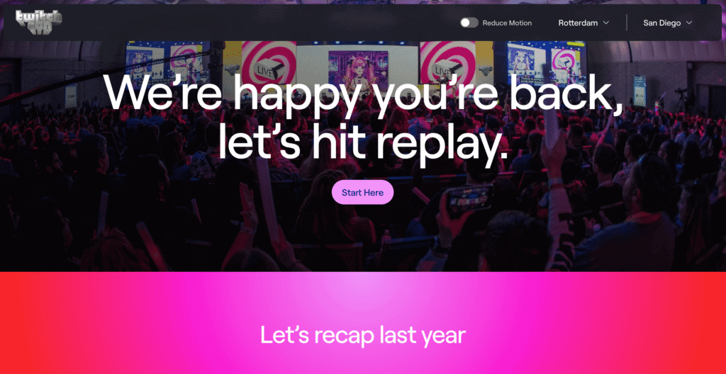 Homepage di TwitchCon e un esempio di sito web statico