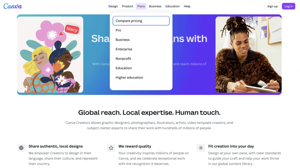 Due donne illustrate si abbracciano, circondate da fiori, su una pagina web di Canva che promuove servizi e piani di design.