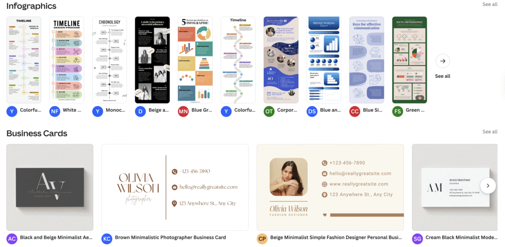 Una raccolta di infografiche e biglietti da visita che mette in mostra vari design in stili colorati, minimalisti e professionali.